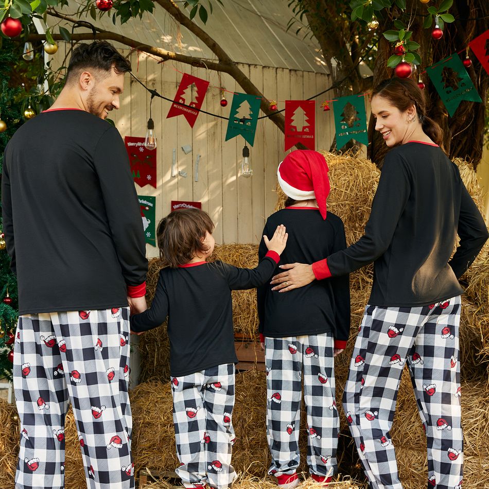 Christmas Family Matching Xmas Hat Print Black Long-sleeve Plaid Pajamas Sets (Flame Resistant) Black big image 8