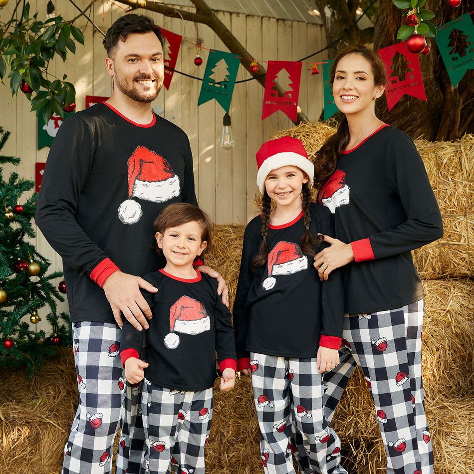 Christmas Family Matching Xmas Hat Print Black Long-sleeve Plaid Pajamas Sets (Flame Resistant) Black big image 2