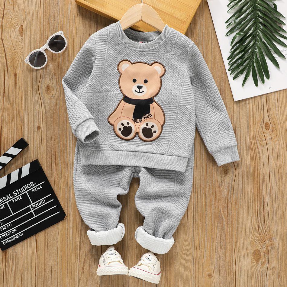 2pcs Toddler Boy Bear Embroidered Textured Sweatshirt and Elasticized Pants flowergrey big image 1