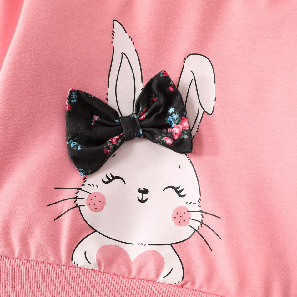 2pcs Toddler Girl Cute Rabbit Print Bowknot Design Sweatshirt and Floral Print Leggings Set Dark Pink big image 3
