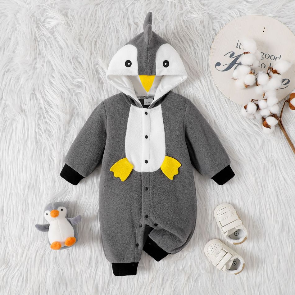 Baby Boy/Girl Thickened Polar Fleece Hooded Long-sleeve Penguin Jumpsuit Grey
