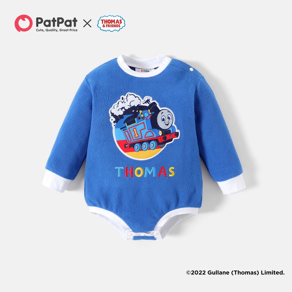 Thomas & Friends Baby Boy Embroidered Graphic Blue Thickened Polar Fleece Long-sleeve Romper BLUEWHITE