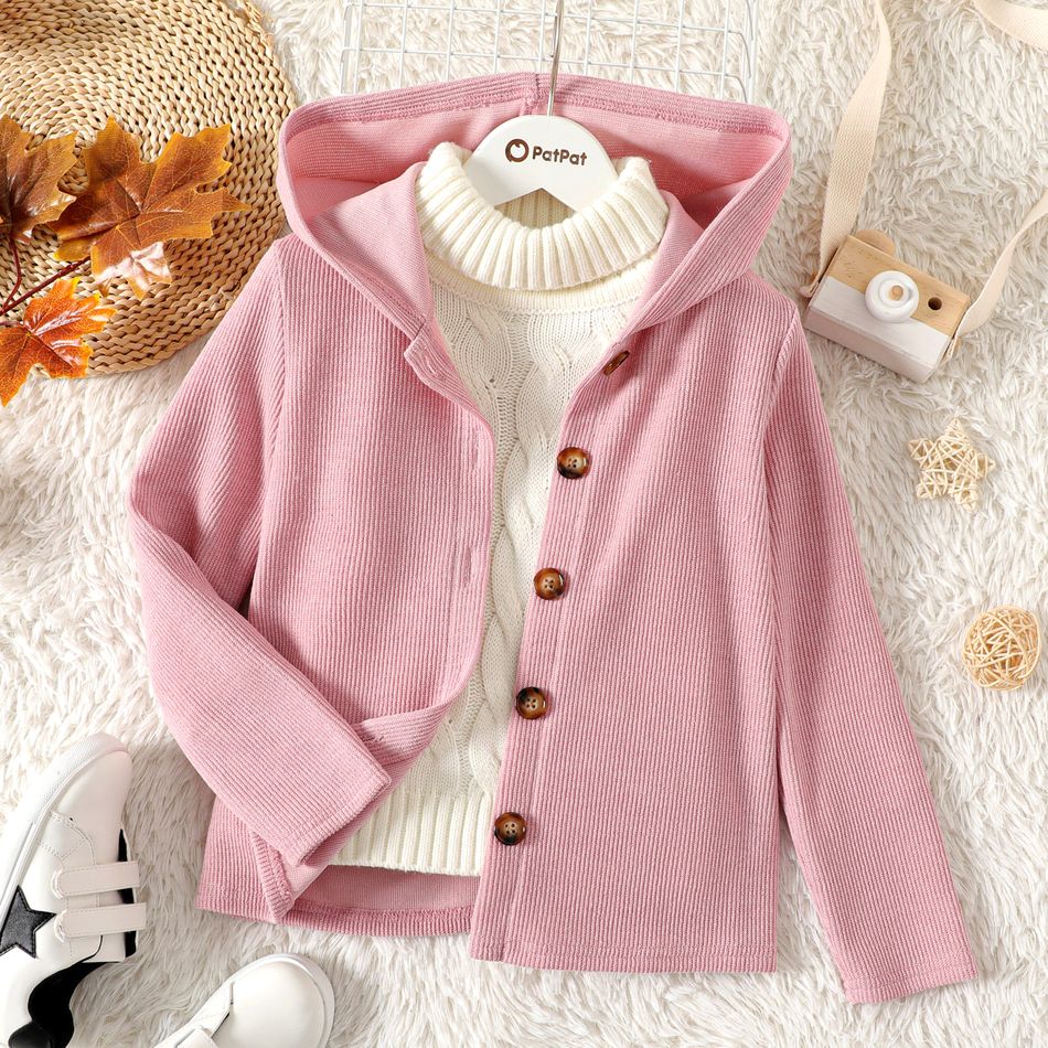 Kid Girl Sweet Button Design Pink Hooded Jacket Pink