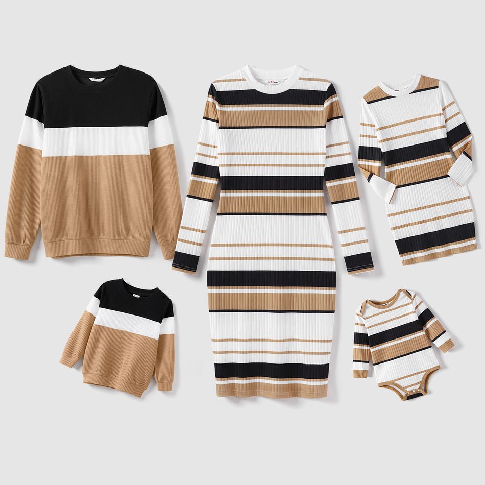 Family Matching Long-sleeve Striped Bodycon Dresses and Colorblock Tops Sets Khaki big image 1