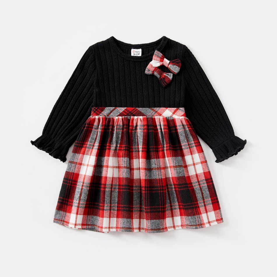 Christmas Sibling Matching Solid Knitted Long-sleeve Spliced Red Plaid Bow Front Dresses ColorBlock big image 6