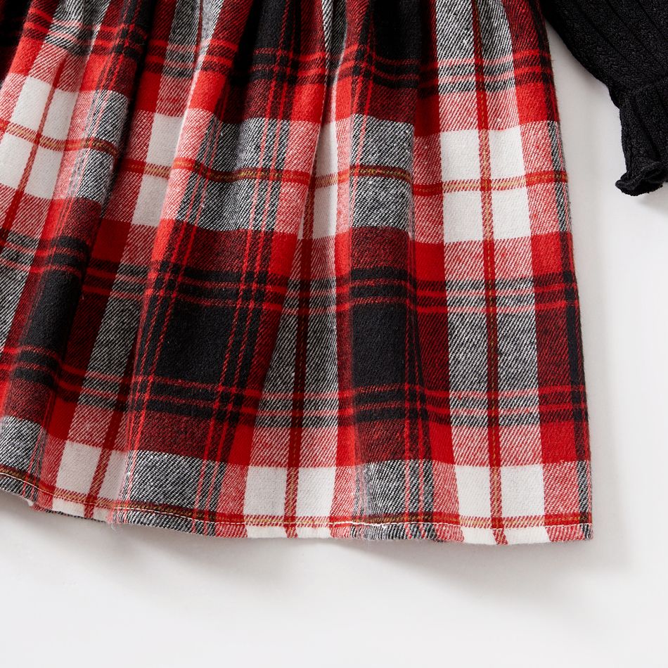 Christmas Sibling Matching Solid Knitted Long-sleeve Spliced Red Plaid Bow Front Dresses ColorBlock big image 5