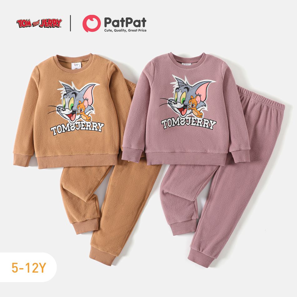 Tom and Jerry 2pcs Kid Girl/Boy Letter Print Fleece Sweatshirt and Elasticized Pants Set Khaki big image 2