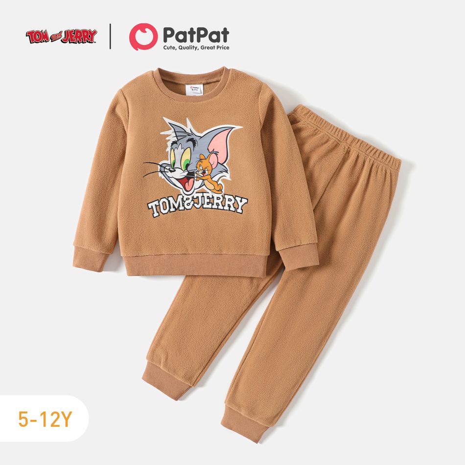 Tom and Jerry 2pcs Kid Girl/Boy Letter Print Fleece Sweatshirt and Elasticized Pants Set Khaki