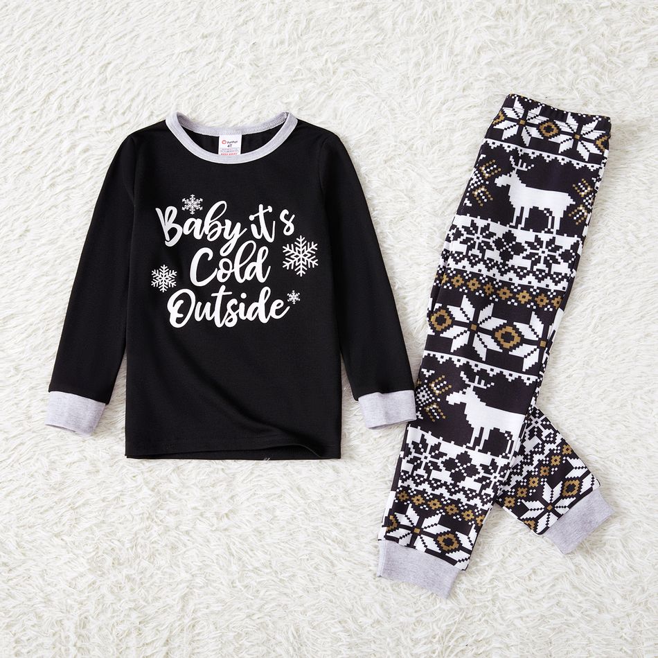 Christmas Family Matching Letter Graphic Black Long-sleeve Allover Print Pajamas Sets (Flame Resistant) Black big image 7