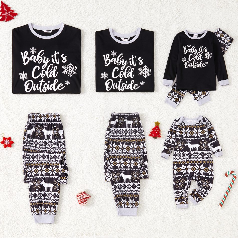 Christmas Family Matching Letter Graphic Black Long-sleeve Allover Print Pajamas Sets (Flame Resistant) Black