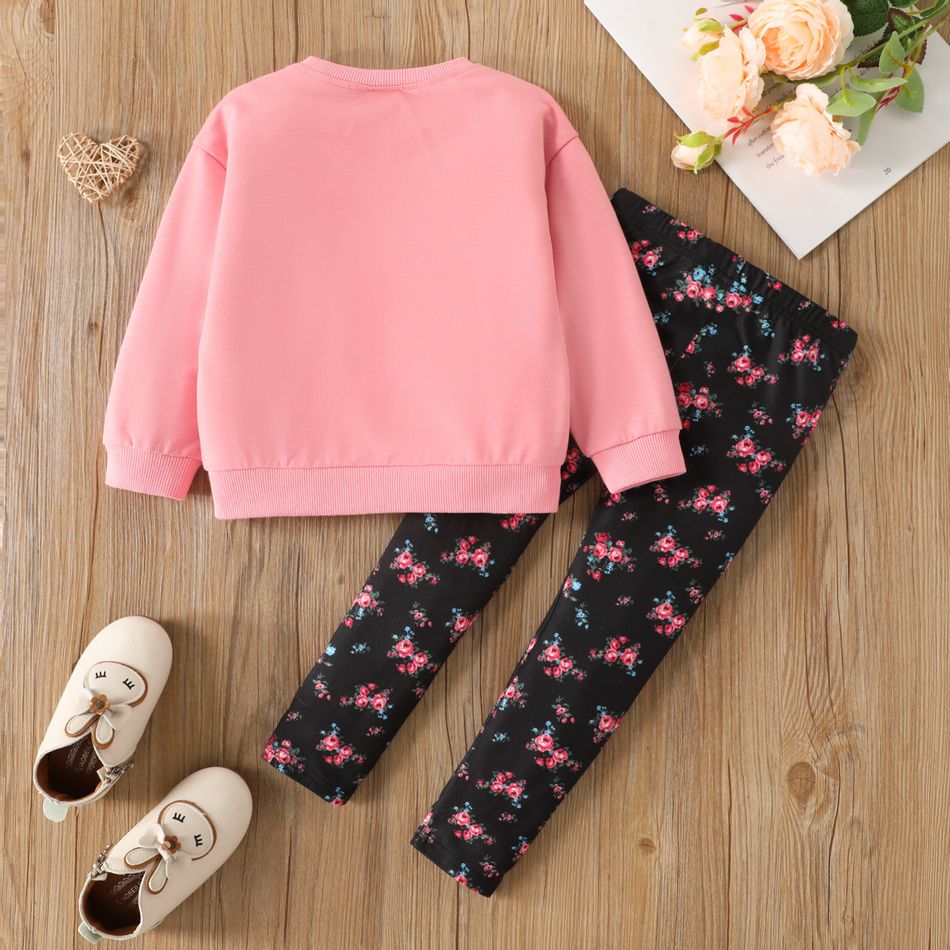 2pcs Toddler Girl Cute Rabbit Print Bowknot Design Sweatshirt and Floral Print Leggings Set Dark Pink big image 2