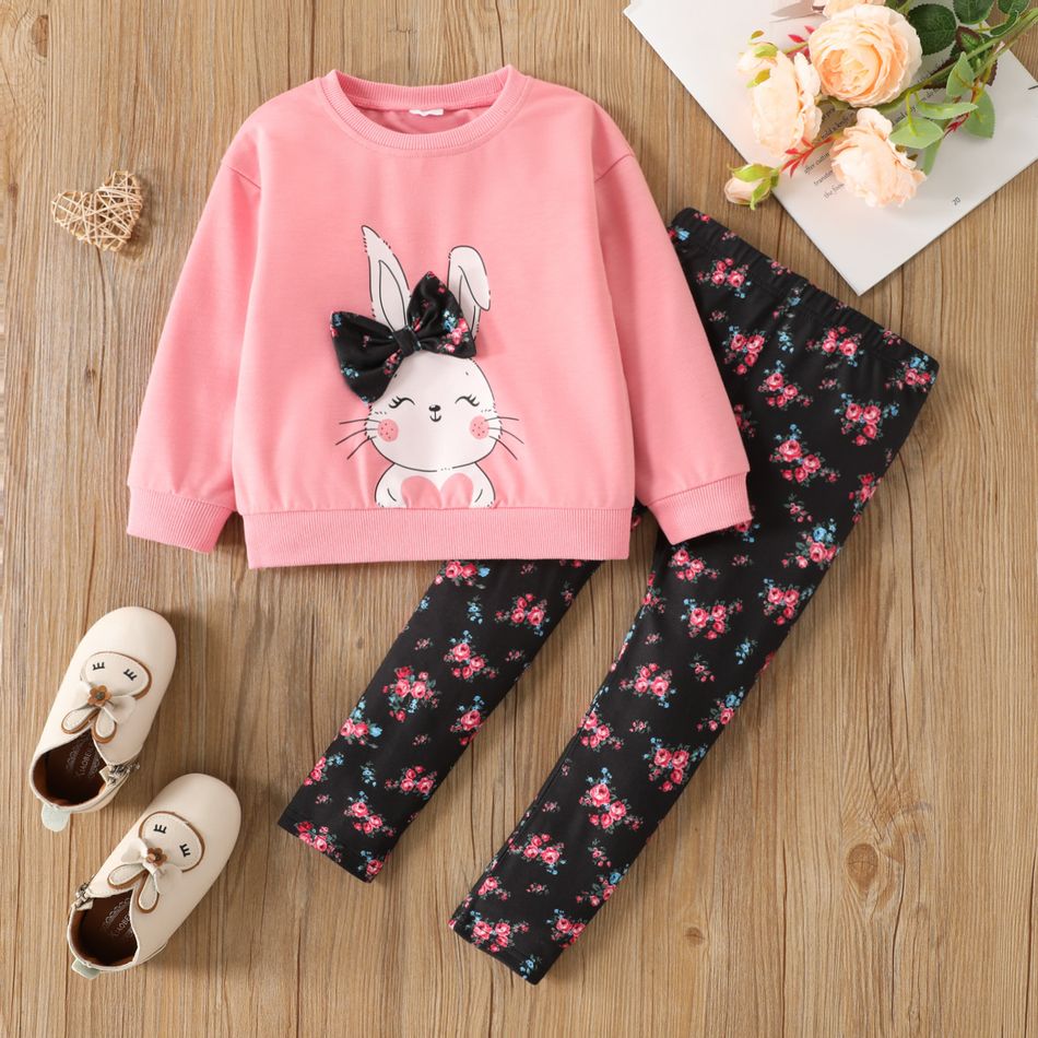 2pcs Toddler Girl Cute Rabbit Print Bowknot Design Sweatshirt and Floral Print Leggings Set Dark Pink