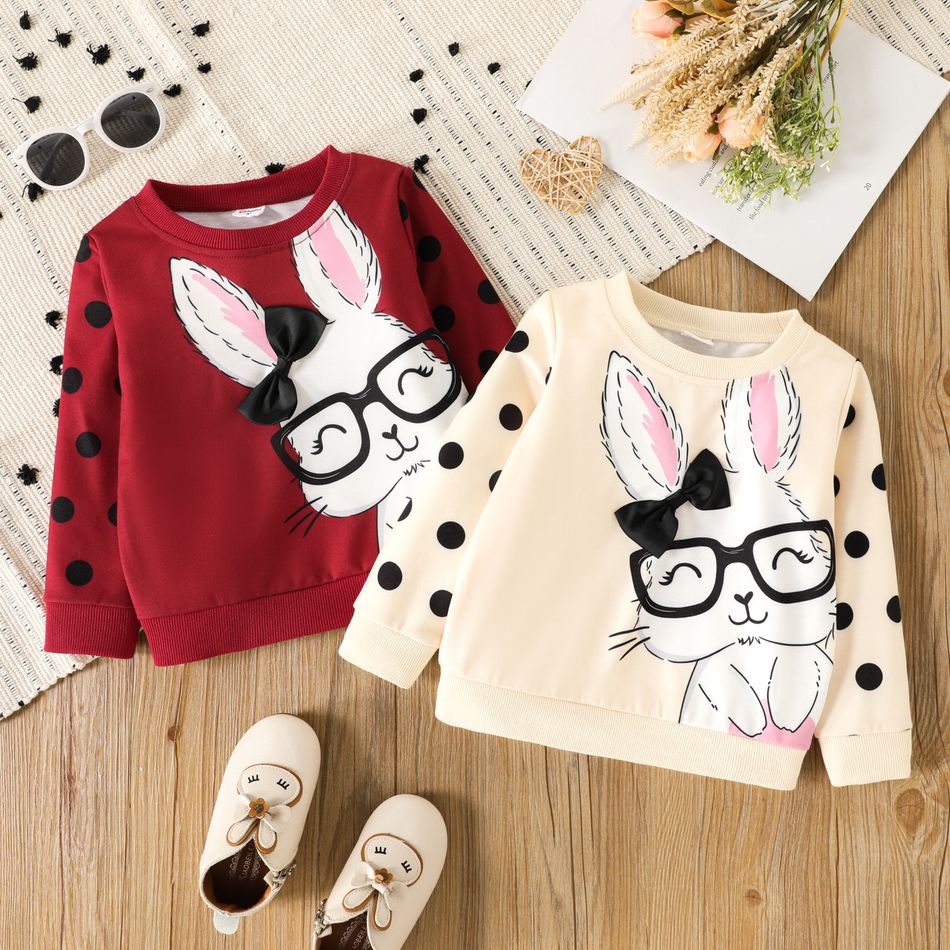 Toddler Girl Cute Rabbit Print Polka dots Pullover Sweatshirt Burgundy big image 2