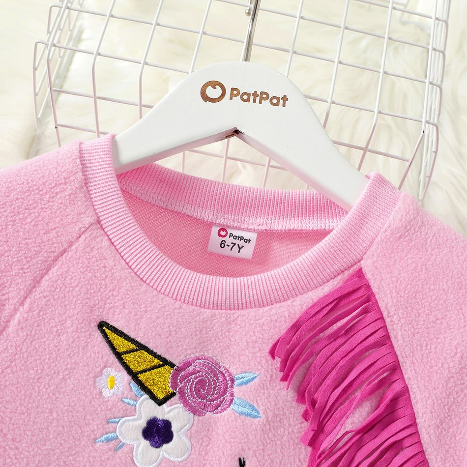 2pcs Kid Girl Unicorn Embroidered Tasseled Fleece Sweatshirt and Floral Print Skirt Set Pink big image 4