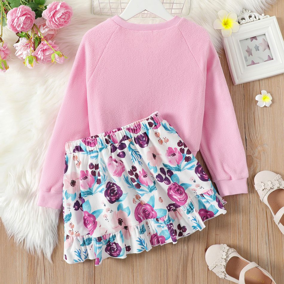 2pcs Kid Girl Unicorn Embroidered Tasseled Fleece Sweatshirt and Floral Print Skirt Set Pink big image 2