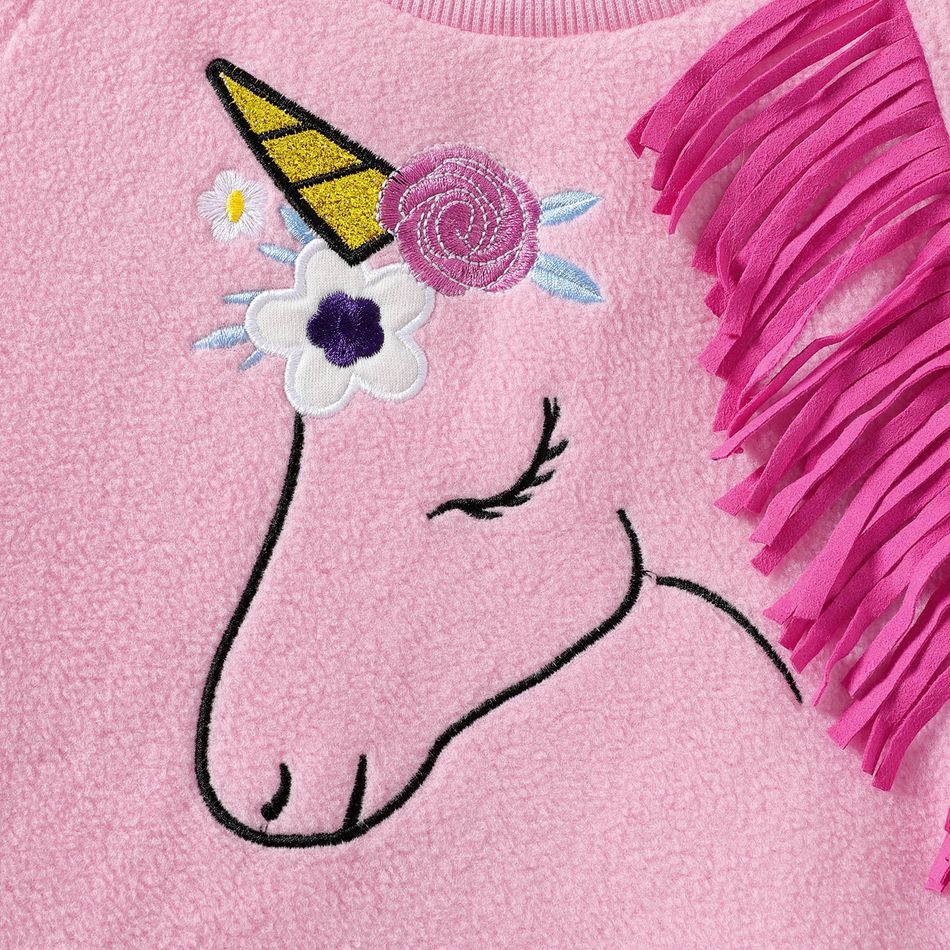 2pcs Kid Girl Unicorn Embroidered Tasseled Fleece Sweatshirt and Floral Print Skirt Set Pink big image 3