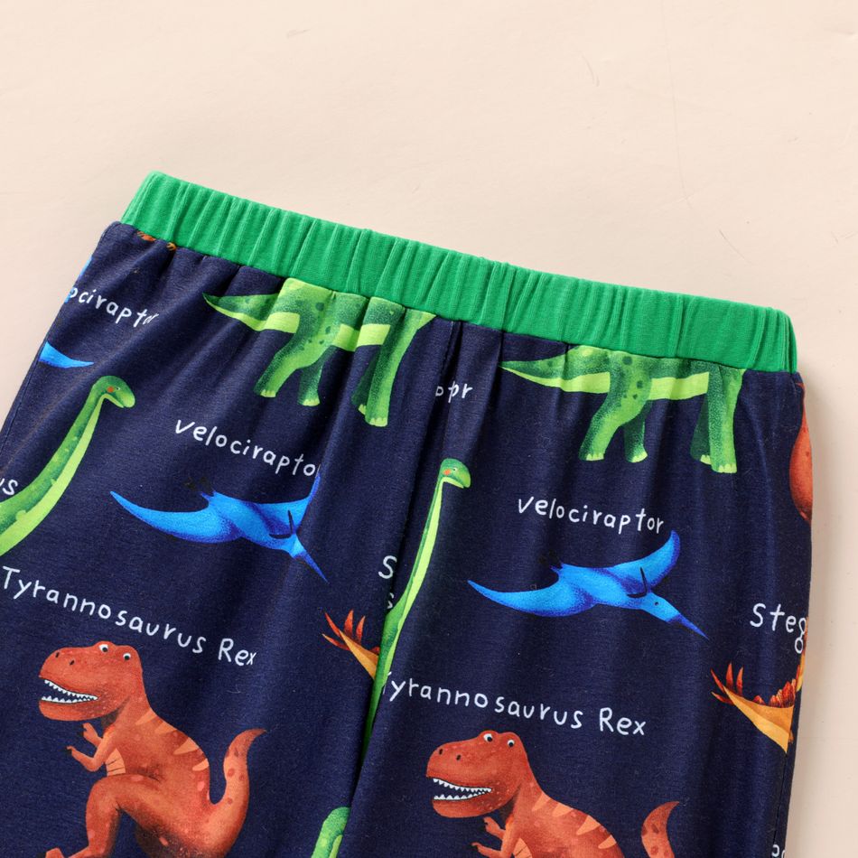 2pcs Kid Boy Dinosaur Print Colorblock Long-sleeve Tee and Pants Pajamas Sleepwear Set Dark Blue