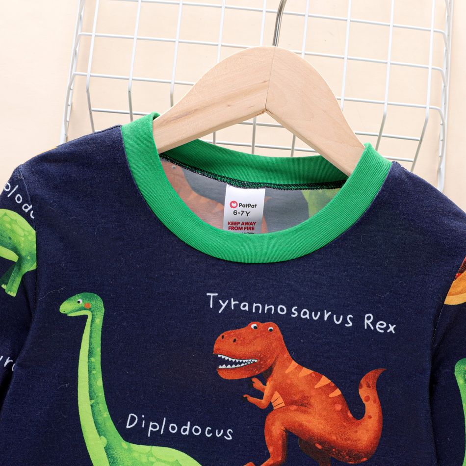 2pcs Kid Boy Dinosaur Print Colorblock Long-sleeve Tee and Pants Pajamas Sleepwear Set Dark Blue big image 4