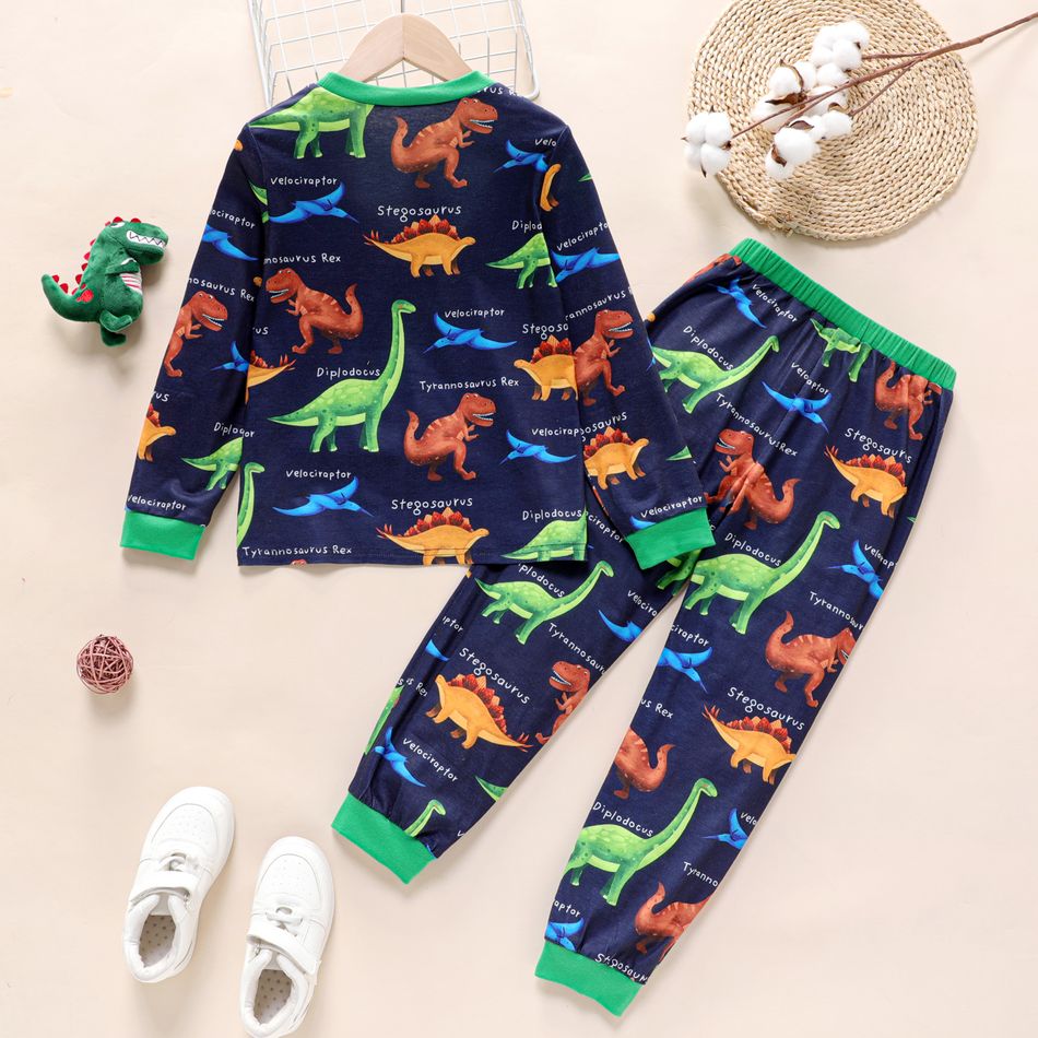 2pcs Kid Boy Dinosaur Print Colorblock Long-sleeve Tee and Pants Pajamas Sleepwear Set Dark Blue big image 2