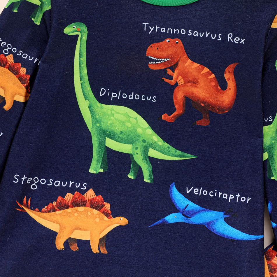 2pcs Kid Boy Dinosaur Print Colorblock Long-sleeve Tee and Pants Pajamas Sleepwear Set Dark Blue big image 3