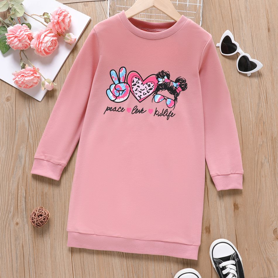 Kid Girl Letter Print Long-sleeve Sweatshirt Dress Pink