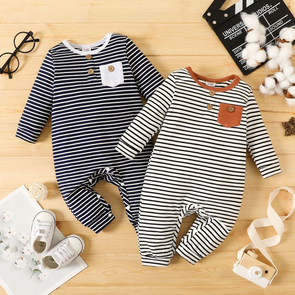 Baby Boy/Girl 95% Cotton Long-sleeve Striped Jumpsuit BlackandWhite big image 2