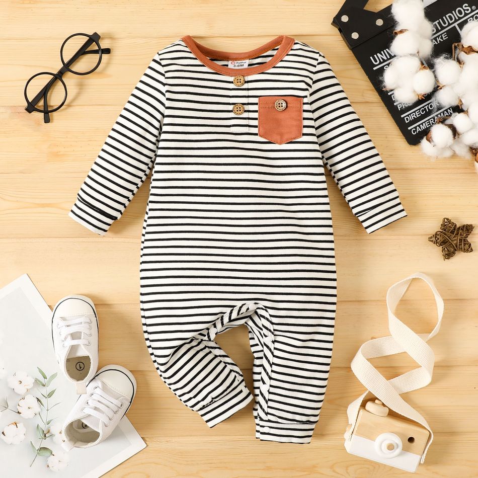 Baby Boy/Girl 95% Cotton Long-sleeve Striped Jumpsuit BlackandWhite big image 1