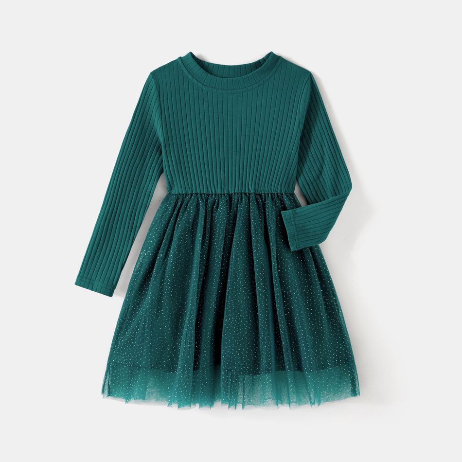 Mommy and Me 95% Cotton Rib Knit V Neck Long-sleeve Ruched Cut Out Bodycon/Mesh Dresses Green big image 5