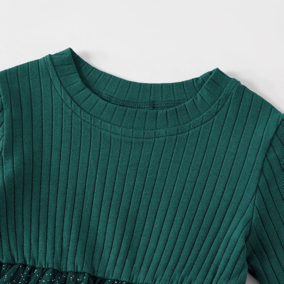 Mommy and Me 95% Cotton Rib Knit V Neck Long-sleeve Ruched Cut Out Bodycon/Mesh Dresses Green big image 6