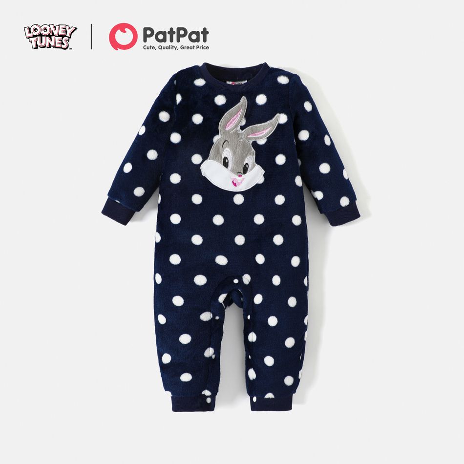 Looney Tunes Baby Boy/Girl Animal Embroidered Polka Dots Fuzzy Long-sleeve Jumpsuit Royal Blue big image 1