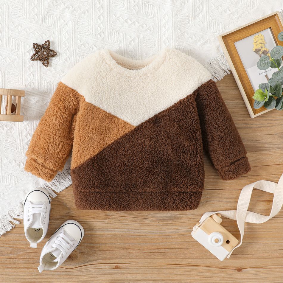 Baby Boy/Girl Colorblock Thermal Fuzzy Long-sleeve Pullover ColorBlock big image 1