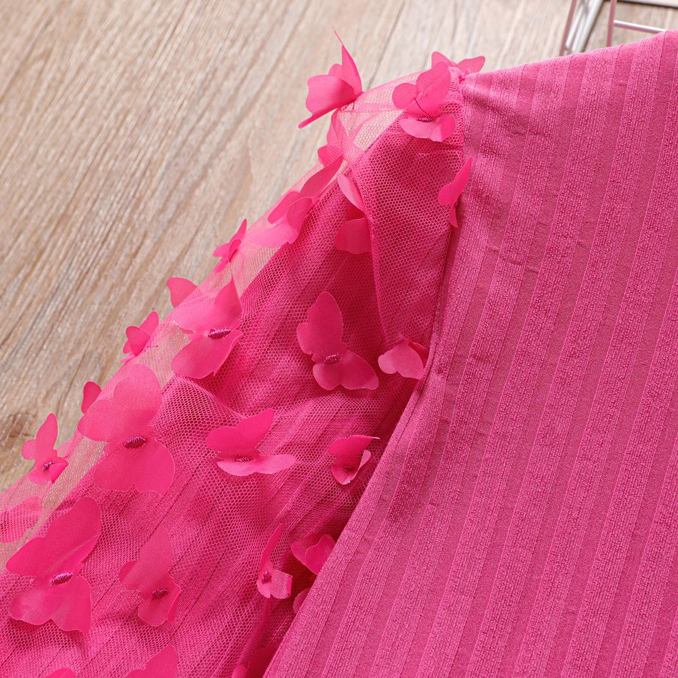 Kid Girl 3D Butterfly Design Mock Neck Mesh Ribbed Dress Hot Pink big image 2