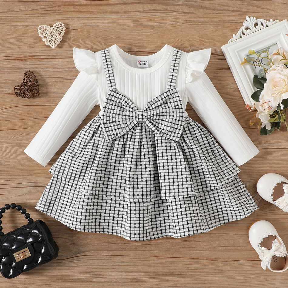 Baby Girl Ribbed Ruffle Long-sleeve Spliced Gingham Bow Front Layered Dress BlackandWhite