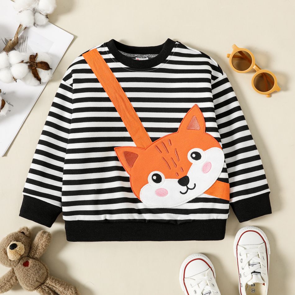 Toddler Boy Animal Embroidered Stripe Pullover Sweatshirt BlackandWhite big image 1