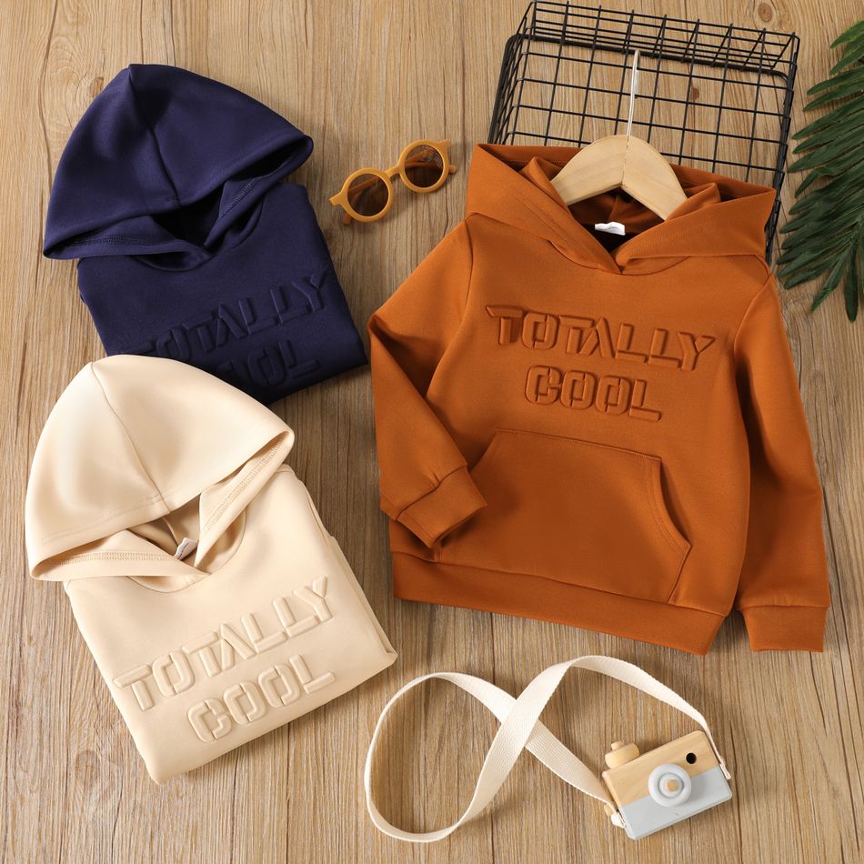 Toddler Boy Solid Color Letter Textured Hoodie Sweatshirt Apricot big image 2