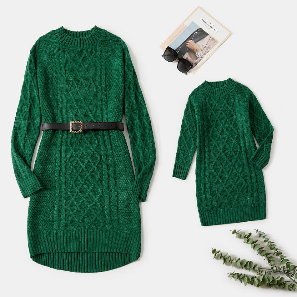 Mommy and Me Dark Green Cable Knit Long-sleeve Sweater Dress blackishgreen