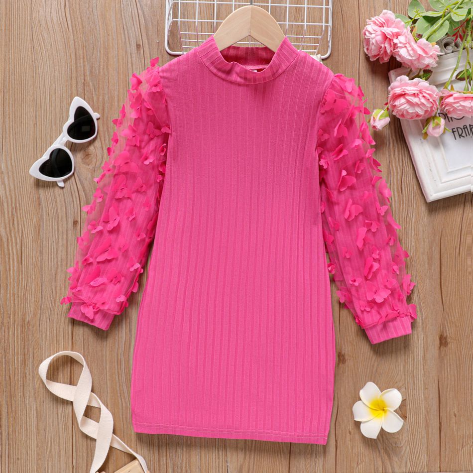 Kid Girl 3D Butterfly Design Mock Neck Mesh Ribbed Dress Hot Pink big image 1