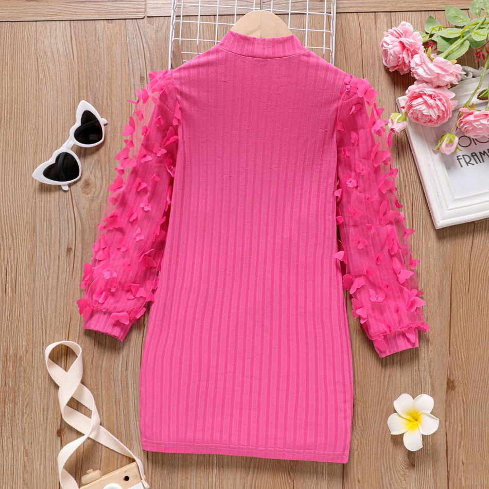 Kid Girl 3D Butterfly Design Mock Neck Mesh Ribbed Dress Hot Pink big image 5