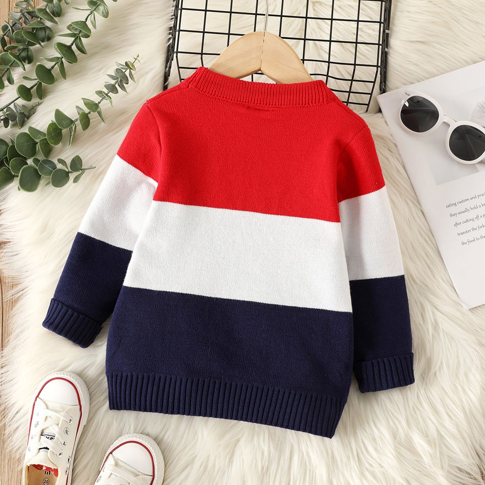 Toddler Boy Trendy Letter Pattern Colorblock Knit Sweater Dark Blue big image 2