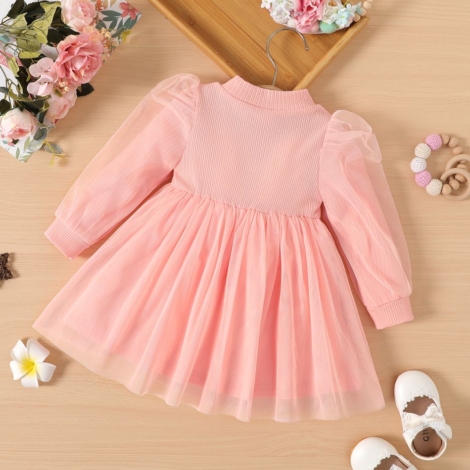 Baby Girl Bow Front Pink Ribbed Mock Neck Puff-sleeve Mesh Dress Pink big image 2