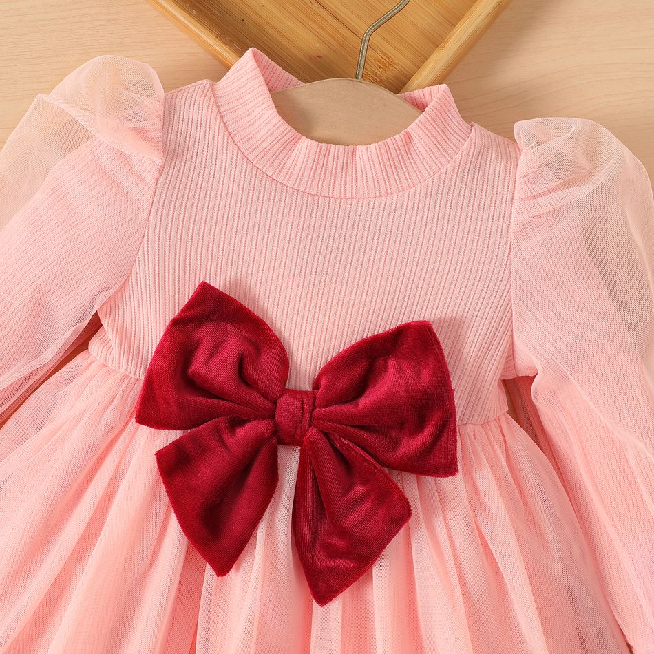 Baby Girl Bow Front Pink Ribbed Mock Neck Puff-sleeve Mesh Dress Pink big image 3