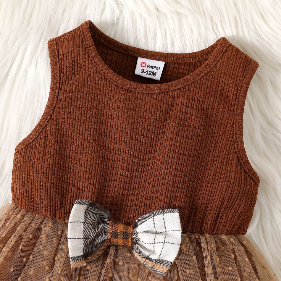 2pcs Baby Girl Brown Ribbed Spliced Dots Mesh Tank Dress and Plaid Ruffle Trim Long-sleeve Cardigan Set Brown big image 5
