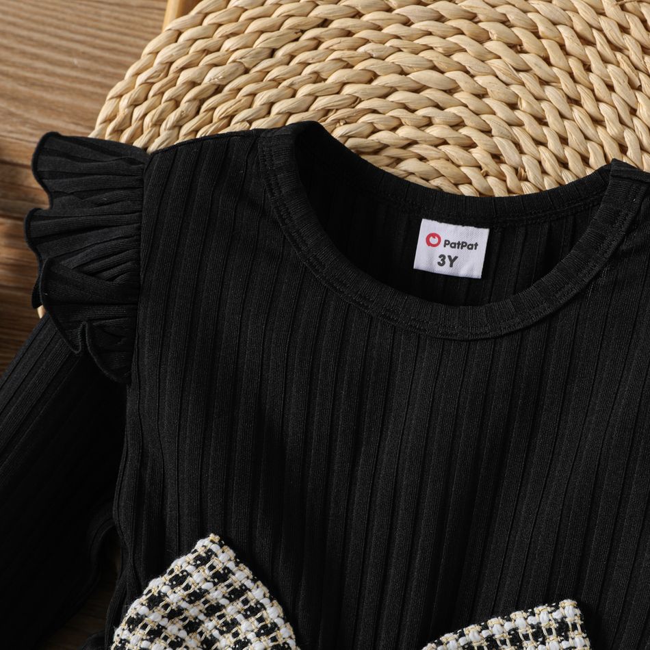 Toddler Girl Big Bowknot Design Tweed Plaid Splice Ruffled Long-sleeve Dress Black big image 4