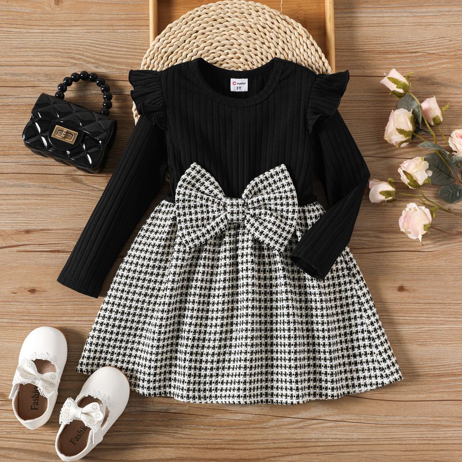 Toddler Girl Big Bowknot Design Tweed Plaid Splice Ruffled Long-sleeve Dress Black