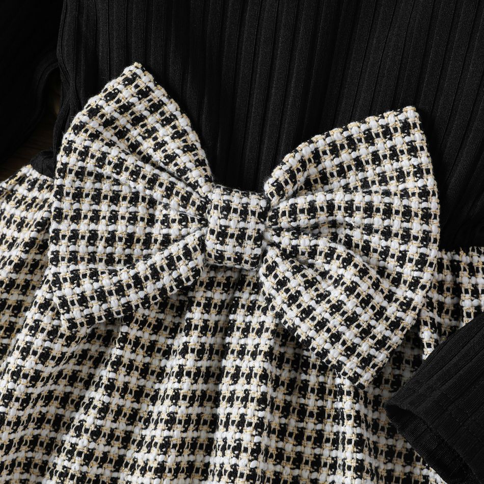 Toddler Girl Big Bowknot Design Tweed Plaid Splice Ruffled Long-sleeve Dress Black big image 3
