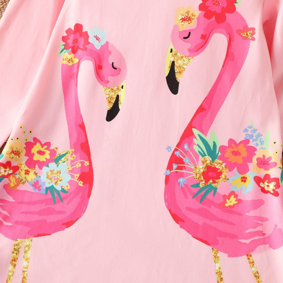 Toddler Girl Sweet Flamingo Print Ruffled Long-sleeve Pink Dress Pink big image 3