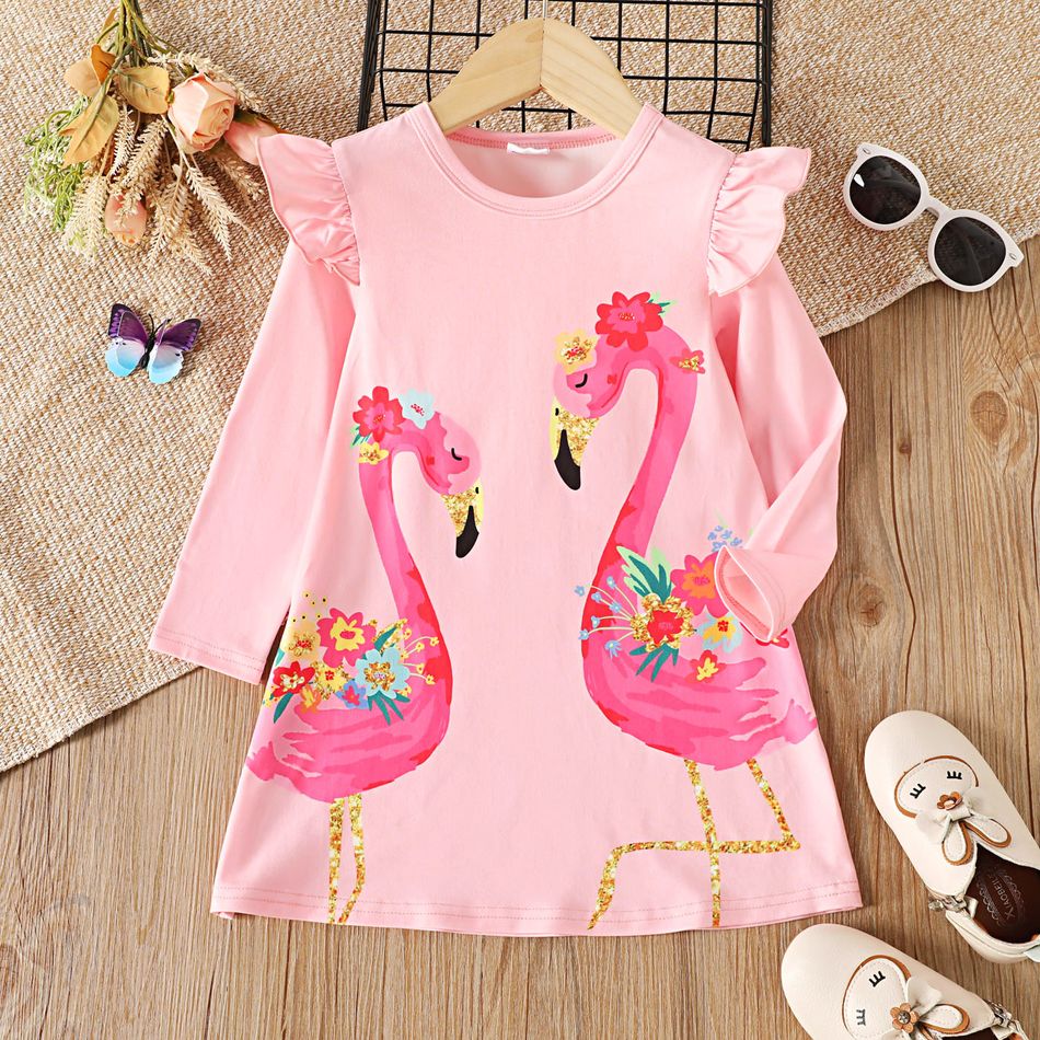 Toddler Girl Sweet Flamingo Print Ruffled Long-sleeve Pink Dress Pink