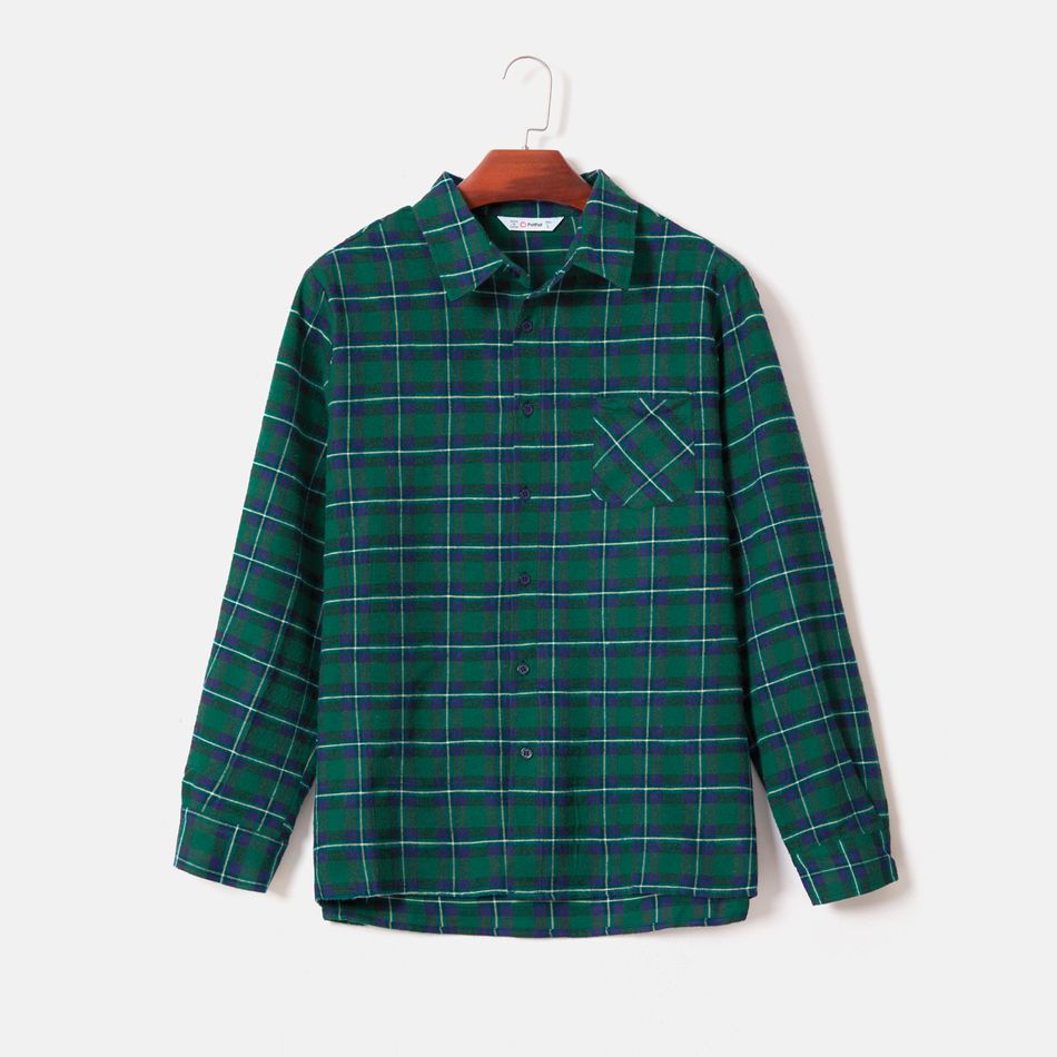 Family Matching Dark Green Lace 3/4 Sleeve Irregular Hem Dresses and Plaid Shirts Sets Green big image 12
