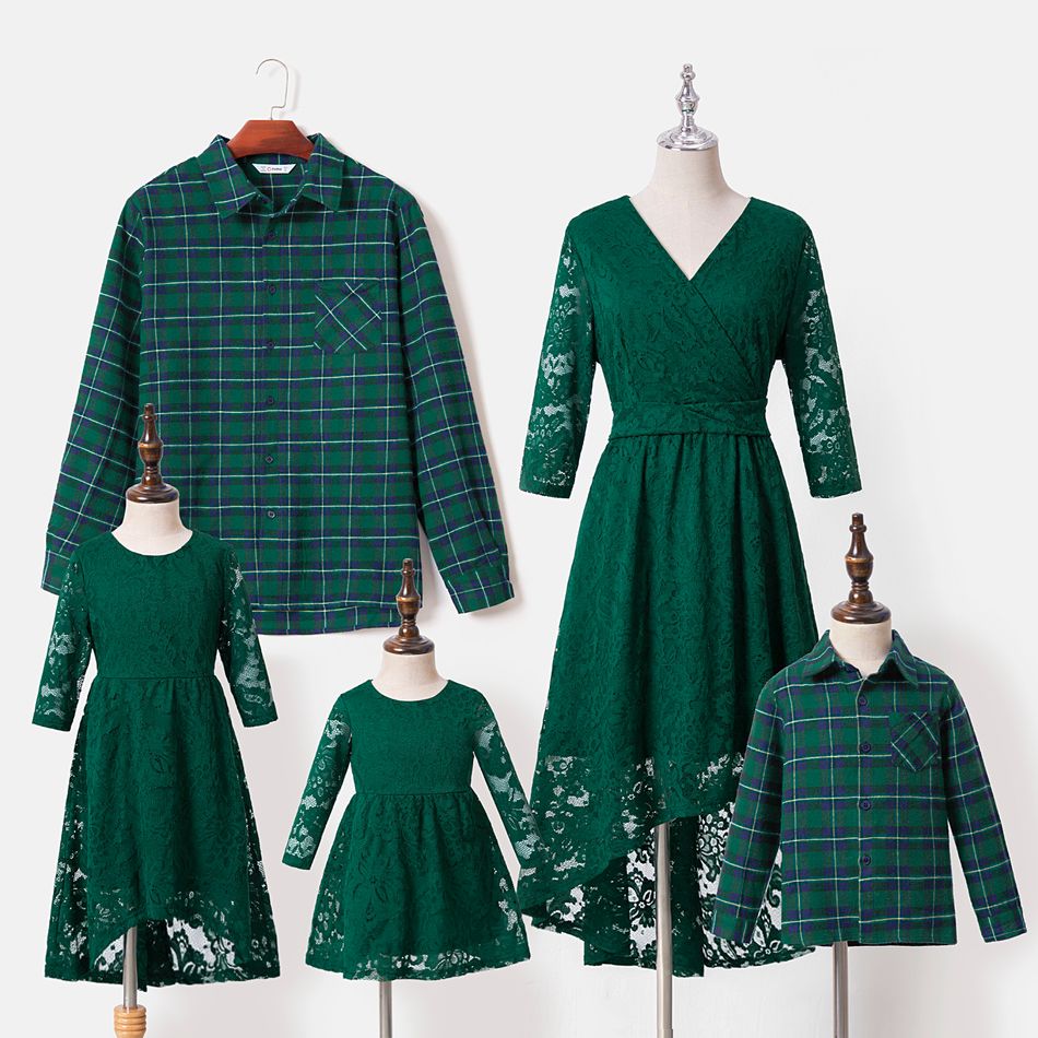 Family Matching Dark Green Lace 3/4 Sleeve Irregular Hem Dresses and Plaid Shirts Sets Green big image 4