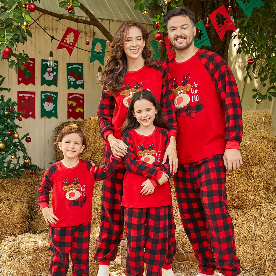 Christmas Family Matching Reindeer Embroidered Red Plaid Raglan-sleeve Thickened Polar Fleece Pajamas Sets (Flame Resistant) redblack